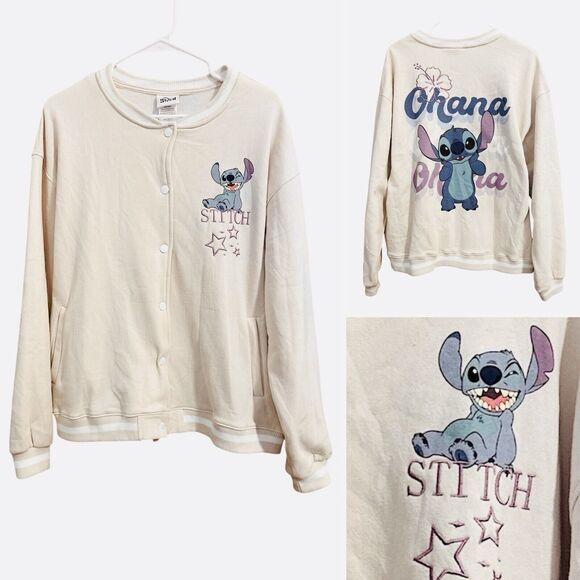Disney Jackets & Blazers - Disney Stitch Baseball Varsity Jacket Size XL Beige Cream Ohana Print